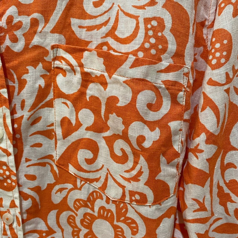 Talbots Orange White Floral Paisley 100% Linen Button Down Shirt Womens XL - Picture 2 of 6